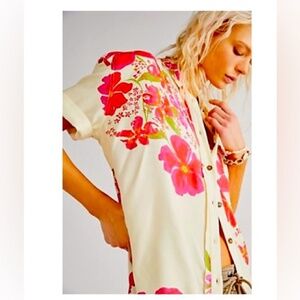 Free People Share Good Vibes Buttondown XS Ivory Pink Combo Floral